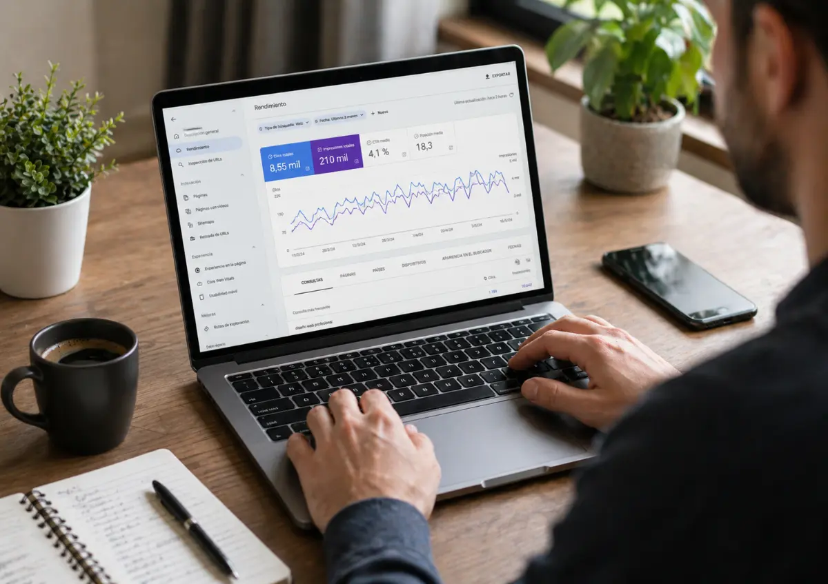 Persona revisando métricas de rendimiento SEO en una laptop