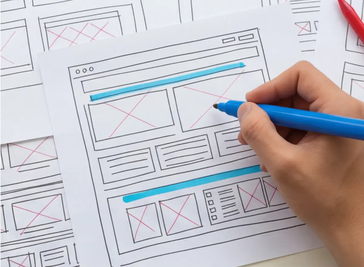Wireframe de una página web junto a la configuración inicial de WordPress