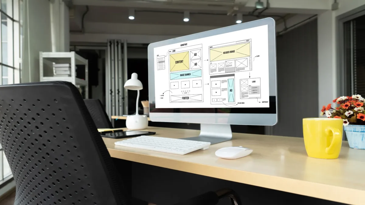 Monitor en un estudio profesional mostrando el wireframe y estructura de una página web en desarrollo