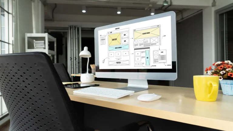 Monitor en un estudio profesional mostrando el wireframe y estructura de una página web en desarrollo