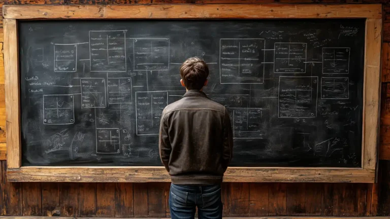 Diseñador web frente a una pizarra con wireframes analizando los factores que influyen en el precio de una página web