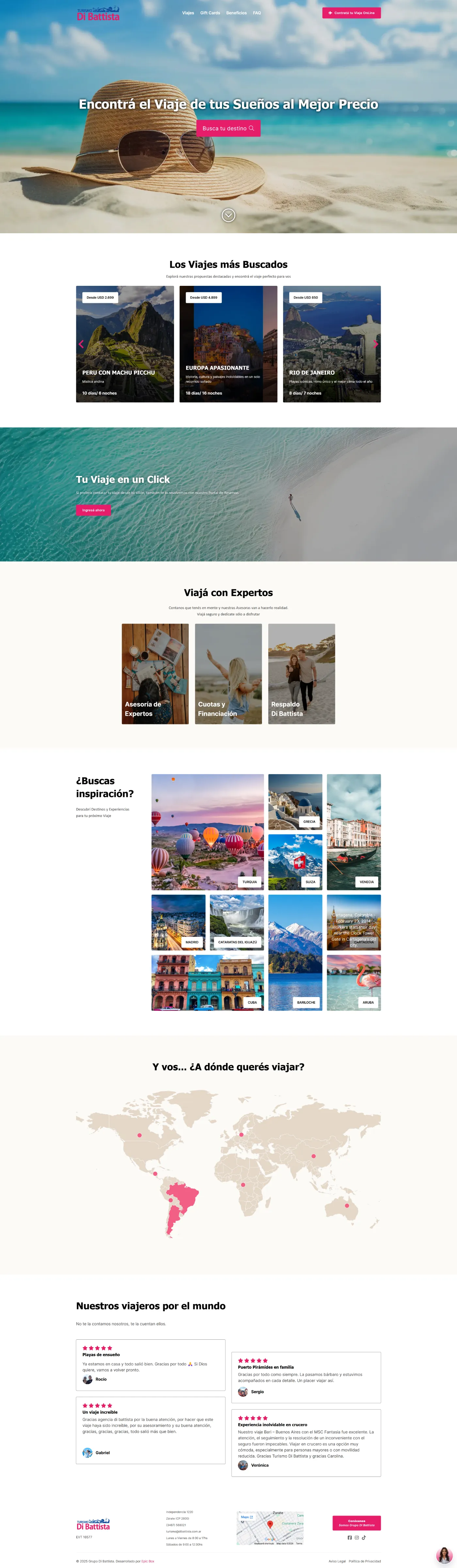 Diseño web de agencia de viajes con buscador de destinos, ofertas y secciones inspiracionales de viajes