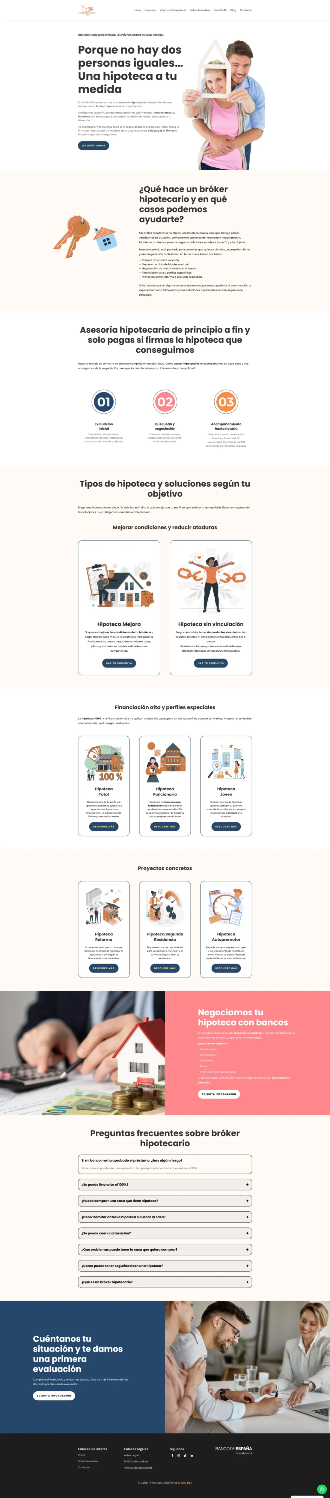 Diseño web de broker hipotecario con servicios de financiación, tipos de hipoteca y formulario de captación de leads