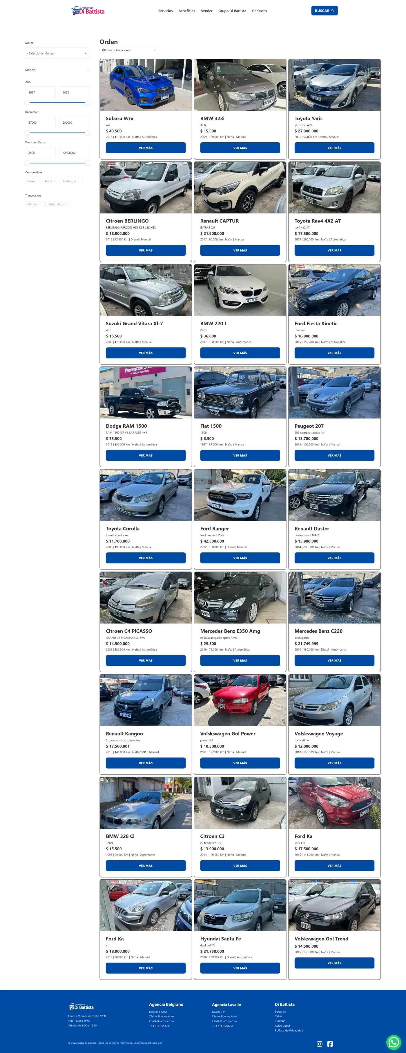 Diseño web de catálogo de coches con filtros por marca, precio y modelo y listado de vehículos en tarjetas